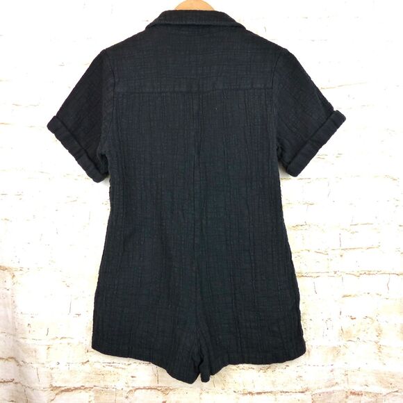 ZARA Romper Women XS Black Textured Crinkle Gauze Cotton Collared Button Up - Picture 3 of 12